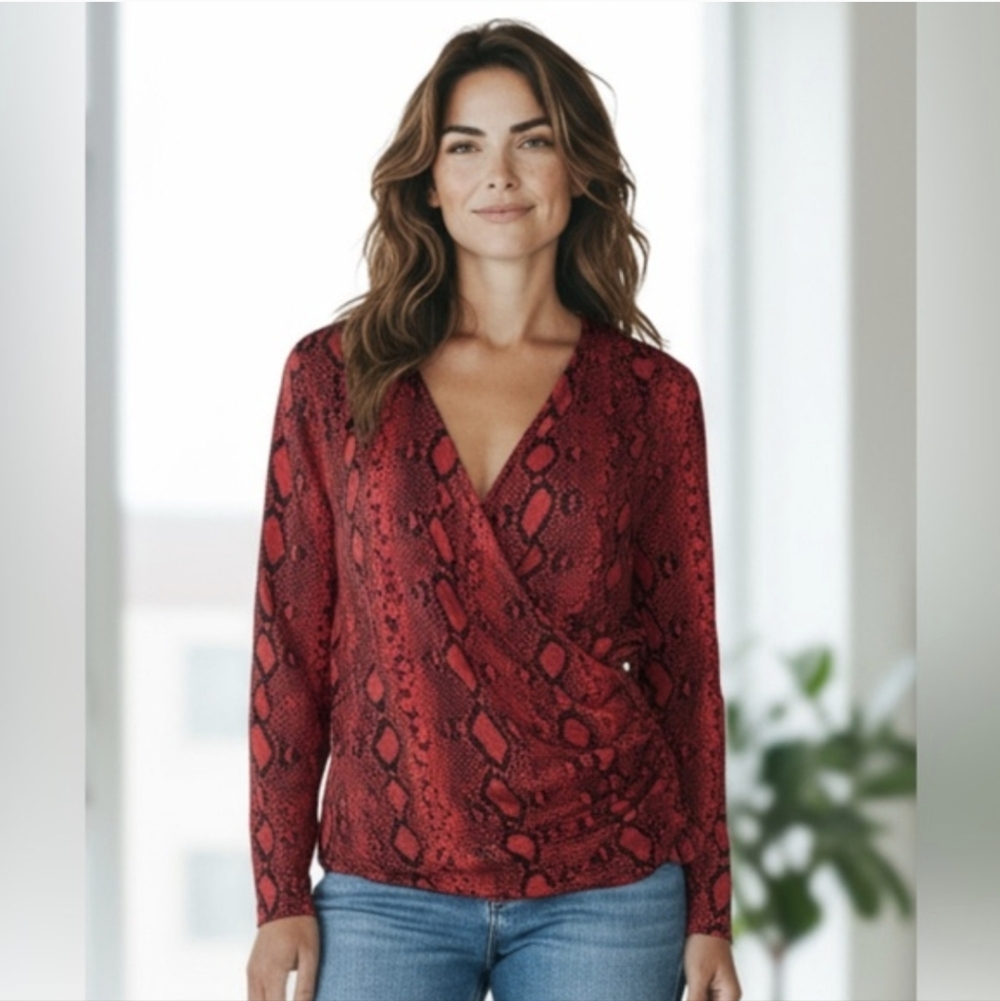NWT Michael Kors Faux Wrap Crimson Red & Black Snakeskin Animal Print Top - 2X